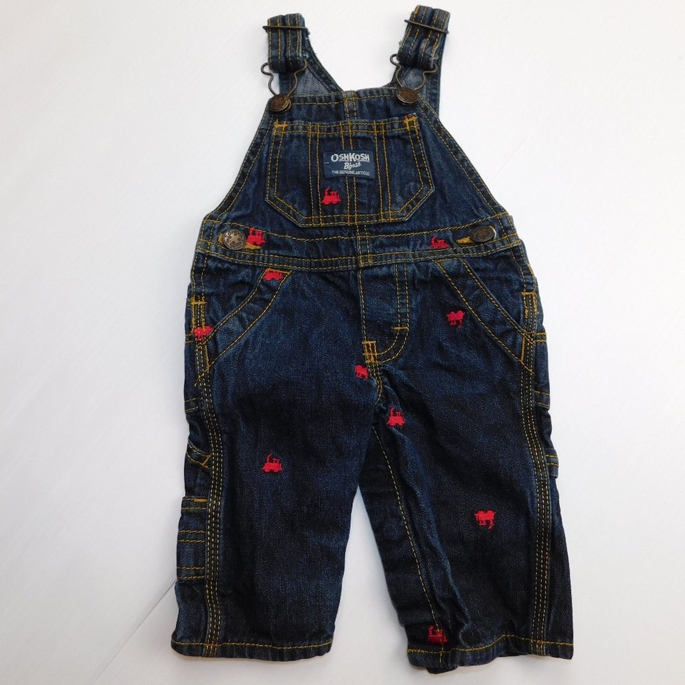 Oshkosh B'gosh Dark Denim Jean Red train Overalls Baby Boy 3 Months 3M